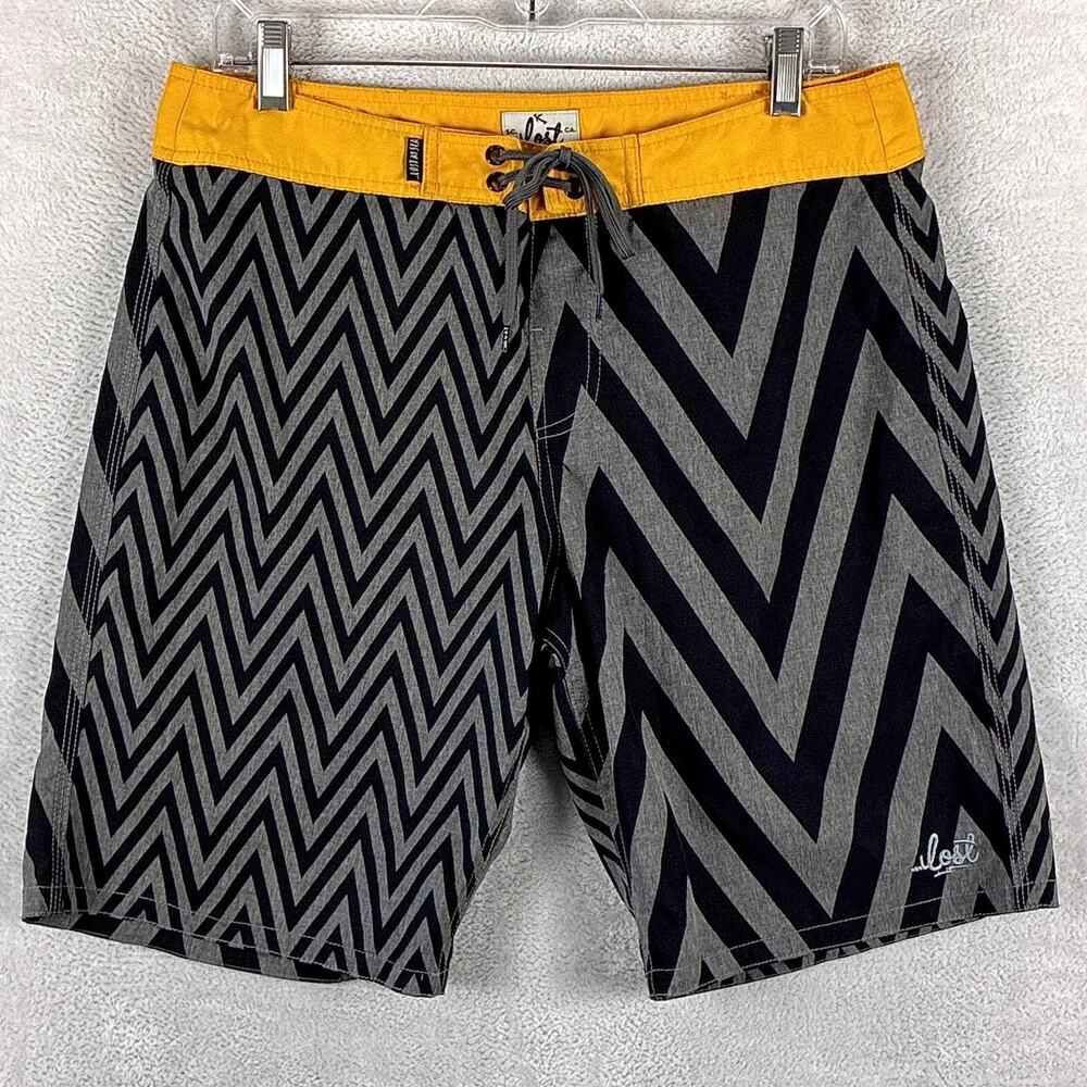 VTG Lost Enterprises Board Shorts Mens 32 Black Gray Stripe Beach Surf Skate Y2K
